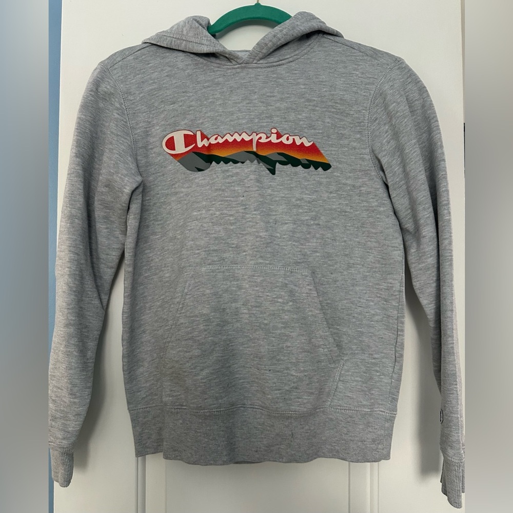 CHAMPION Boys Large Gray Mountain Athleticwear Hooded Sweatshirt with Pockets